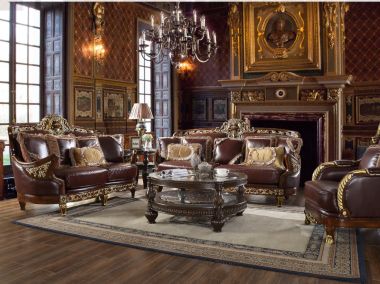 Homey Design HD-89 3pc Livingroom Set in Mahogany & Metallic Bright Gold