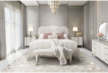 AICO Michael Amini London Place 4pc California King Upholstered Panel Bedroom Set in Creamy Pearl