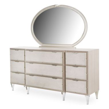 AICO Michael Amini Camden Court Storage Console-Dresser and Oval Mirror in Pearl