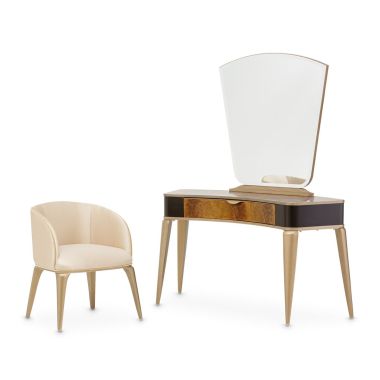 AICO Michael Amini Malibu Crest 3Pc Vanity Desk, Mirror & Chair in Crotch Mahogany