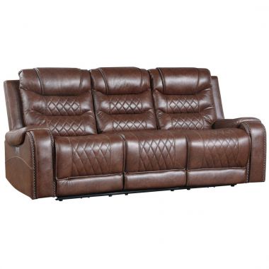 Homelegance Putnam Power Double Reclining Sofa with Cup Holders in Brown