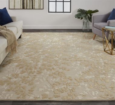 Feizy Bella High/Low Floral Wool Rug, Gold/Beige/Pearl, 10ft x 14ft Area Rug