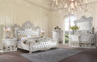 ACME Adara 4pc Eastern King Bedroom Set in White PU Antique White Finish
