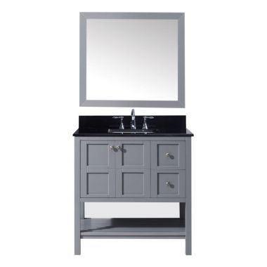 Virtu USA Winterfell 36" Single Bathroom Vanity in Grey with Black Galaxy Granite Top and Square Sink with Mirror
