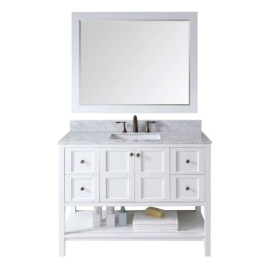 Virtu USA Winterfell 48" Single Bathroom Vanity in White with Marble Top and Square Sink with Mirror