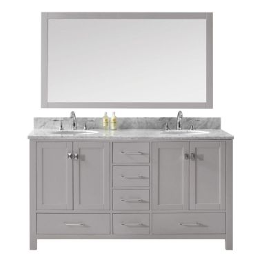 Virtu USA Caroline Avenue 60" Double Round Sink Cashmere Grey Top Vanity in Cashmere Grey with Polished Chrome Faucet and Mirror