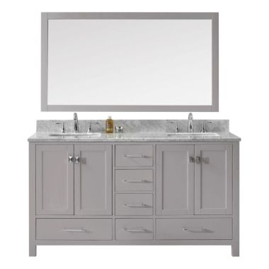 Virtu USA Caroline Avenue 60" Double Square Sink Cashmere Grey Top Vanity in Cashmere Grey with Brushed Nickel Faucet and Mirror