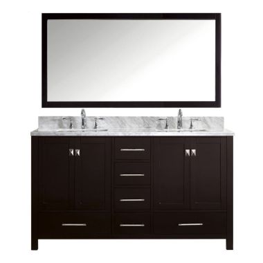 Virtu USA Caroline Avenue 60" Double Square Sink Espresso Top Vanity in Espresso with Polished Chrome Faucet and Mirror