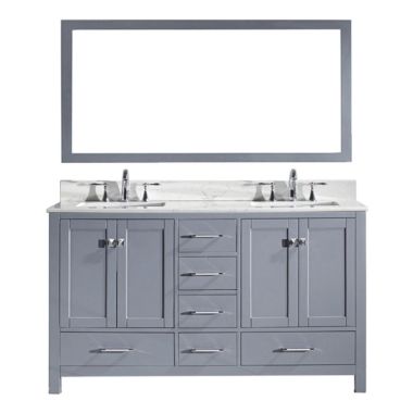 Virtu USA Caroline Avenue 60" Double Square Sink Grey Top Vanity in Grey with Brushed Nickel Faucet and Mirror