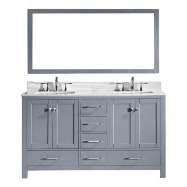 Virtu USA Caroline Avenue 60" Double Square Sink Grey Top Vanity in Grey with Polished Chrome Faucet and Mirror