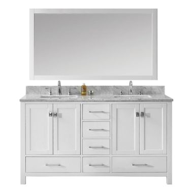 Virtu USA Caroline Avenue 60" Double Square Sink White Top Vanity in White with Brushed Nickel Faucet and Mirror