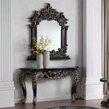 Homey Design HD-328B Console Table with Mirror in Ebony Black with Antique Gold