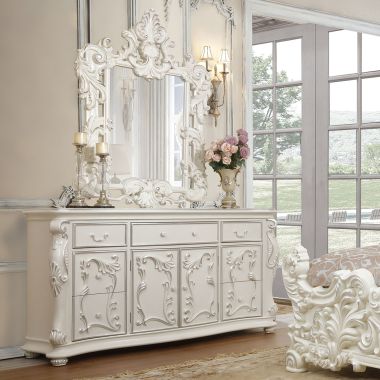 Homey Design HD-8008I Dresser with Mirror in Ivory with Silver Accents
