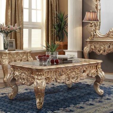Homey Design HD-998G Coffee Table in Bright Metallic Gold with Rust Marbling Highlights