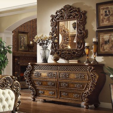 Homey Design HD-8011BR Dresser with Mirror in Metallic Antique Gold / Perfect Brown