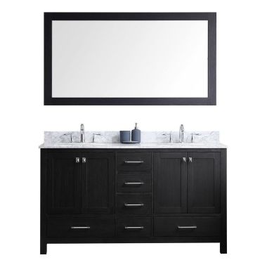 Virtu USA Caroline Premium 60" Double Bathroom Vanity in Zebra Grey with Marble Top and Round Sink with Mirror