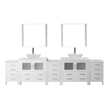 Virtu USA Dior 126" Double Square Sink White Top Vanity in White with Brushed Nickel Faucet and Mirrors