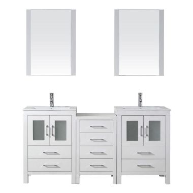 Virtu USA Dior 66" Double Bathroom Vanity Cabinet Set in White with Ceramic Countertop