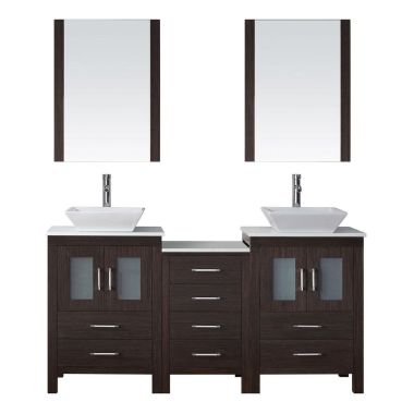 Virtu USA Dior 66" Double Square Sink Espresso Top Vanity in Espresso with Brushed Nickel Faucet and Mirrors