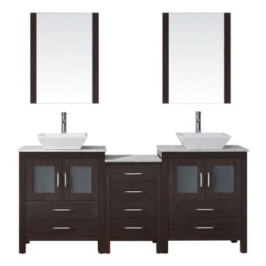 Virtu USA Dior 74" Double Square Sink Espresso Top Vanity in Espresso with Brushed Nickel Faucet and Mirrors