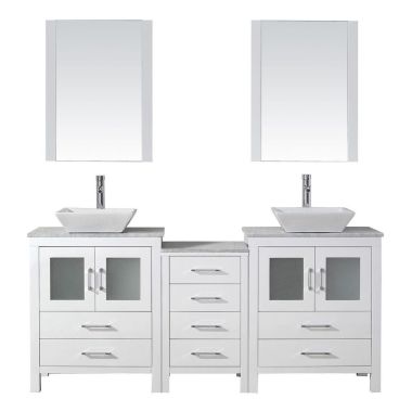 Virtu USA Dior 74" Double Square Sink White Top Vanity in White with Brushed Nickel Faucet and Mirrors