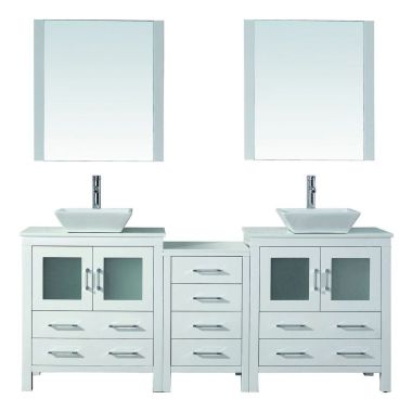 Virtu USA Dior 78" Double Square Sink White Top Vanity in White with Brushed Nickel Faucet and Mirrors