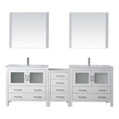Virtu USA Dior 90" Double Square Sink White Top Vanity in White with Brushed Nickel Faucet and Mirrors
