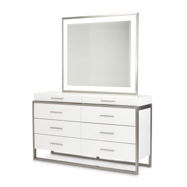 AICO Michael Amini Marquee 2Pc Storage Console- Dresser with Mirror in Cloud White