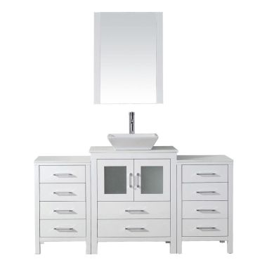 Virtu USA Dior 64" Single Square Sink White Top Vanity in White with Brushed Nickel Faucet and Mirror