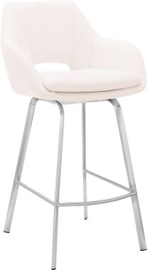Armen Living Aura White Faux Leather and Brushed Stainless Steel Swivel 26" Counter Stool