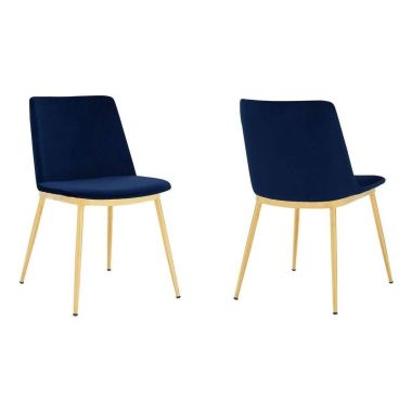Armen Living Messina Leg Dining Chairs in Blue Velvet and Gold Metal - Set of 2