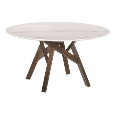 Armen Living Venus 54" Round Mid-Century Dining Table in White Marble with Walnut Wood Legs
