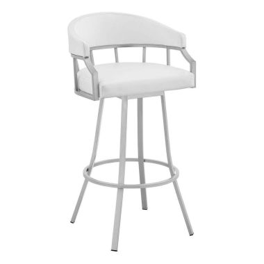 Armen Living Valerie 30" Swivel Bar Stool in White Faux Leather and Silver Metal