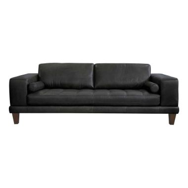 Armen Living Wynne Sofa in Genuine Black Leather with Brown Wood Legs