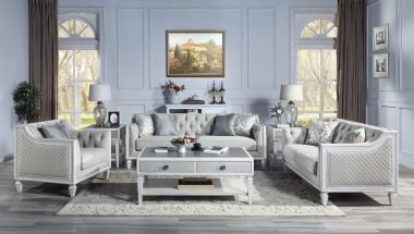 ACME Katia 3pc Livingroom Set in Light Gray Linen / Weathered White Finish