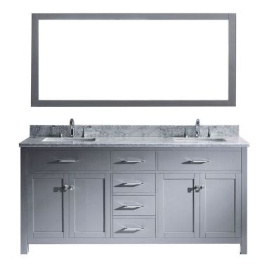 Virtu USA Caroline 72" Double Square Sink Grey Top Vanity in Grey with Brushed Nickel Faucet and Mirror