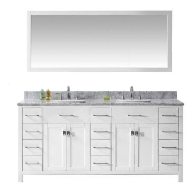 Virtu USA Caroline Parkway 72" Double Square Sink White Top Vanity in White with Brushed Nickel Faucet and Mirror