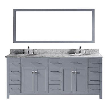 Virtu USA Caroline Parkway 78" Double Round Sink Grey Top Vanity in Grey with Brushed Nickel Faucet and Mirror