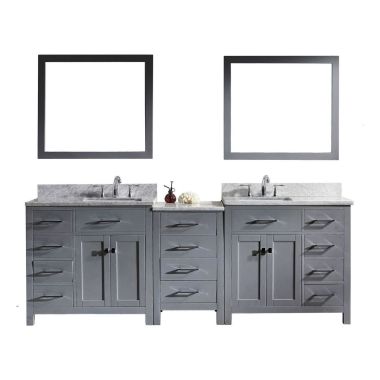 Virtu USA Caroline Parkway 93" Double Square Sink Grey Top Vanity in Grey with Brushed Nickel Faucet and Mirrors