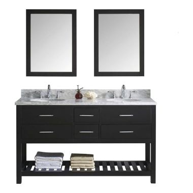 Virtu USA Caroline Estate 60" Double Round Sink Espresso Top Vanity in Espresso with Polished Chrome Faucet and Mirrors