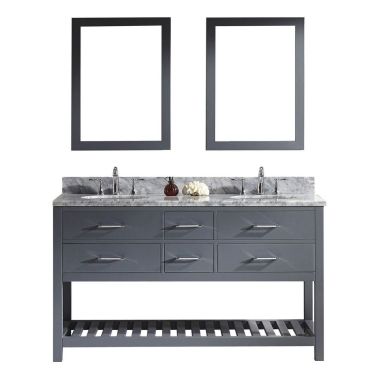 Virtu USA Caroline Estate 60" Double Round Sink Grey Top Vanity in Grey with Polished Chrome Faucet and Mirrors
