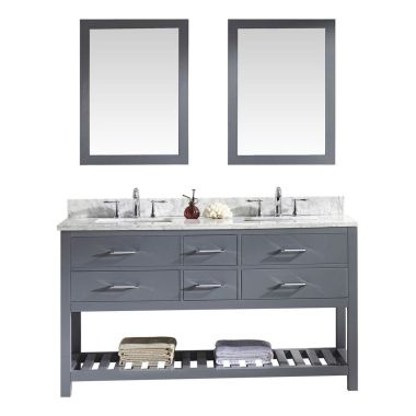 Virtu USA Caroline Estate 60" Double Square Sink Grey Top Vanity in Grey with Polished Chrome Faucet and Mirrors