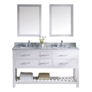 Virtu USA Caroline Estate 60" Double Square Sink White Top Vanity in White with Polished Chrome Faucet and Mirrors