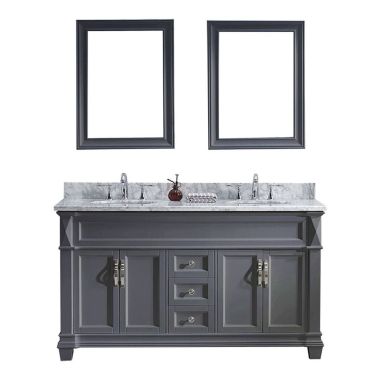 Virtu USA Victoria 60" Double Round Sink Grey Top Vanity in Grey with Brushed Nickel Faucet and Mirrors