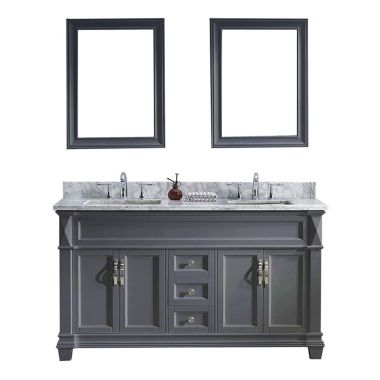 Virtu USA Victoria 60" Double Square Sink Grey Top Vanity in Grey with Polished Chrome Faucet and Mirrors