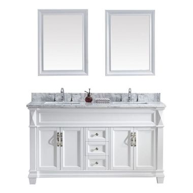 Virtu USA Victoria 60" Double Square Sink White Top Vanity in White with Brushed Nickel Faucet and Mirrors