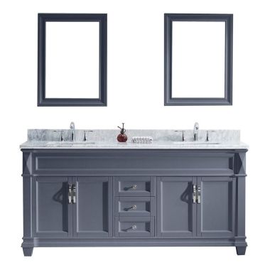 Virtu USA Victoria 72" Double Bathroom Vanity in Grey with Marble Top and Square Sink with Mirrors