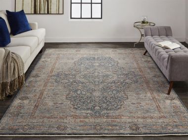 Feizy Marquette Rustic Persian Farmhouse Rug, Denim Blue/Rust, 2ft - 8in x 12ft, Runner