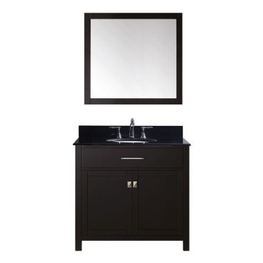 Virtu USA Caroline 36" Single Bathroom Vanity in Espresso with Black Galaxy Granite Top and Round Sink with Mirror