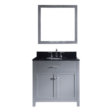 Virtu USA Caroline 36" Single Bathroom Vanity in Grey with Black Galaxy Granite Top and Round Sink with Mirror